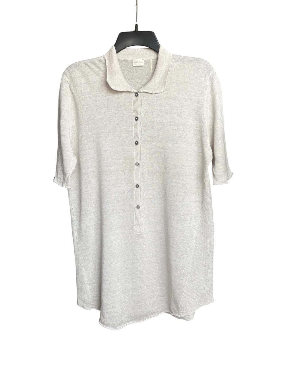 Poetry 100% Linen Polo Top Light Gray Long Half Button Raw Hem Relaxed
